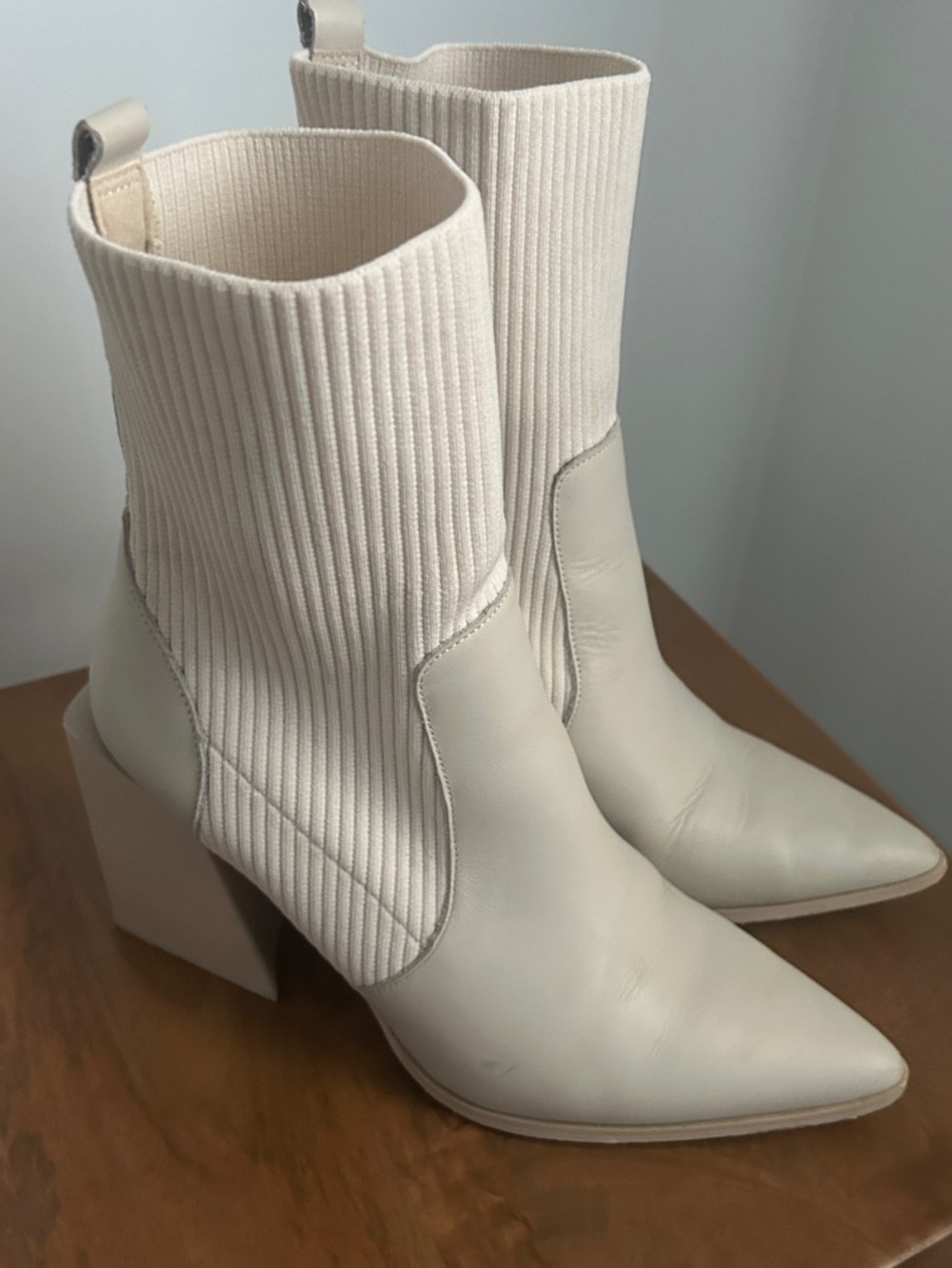 Steve Madden Cream Ribbed Sock Pointed Block Heel Boots